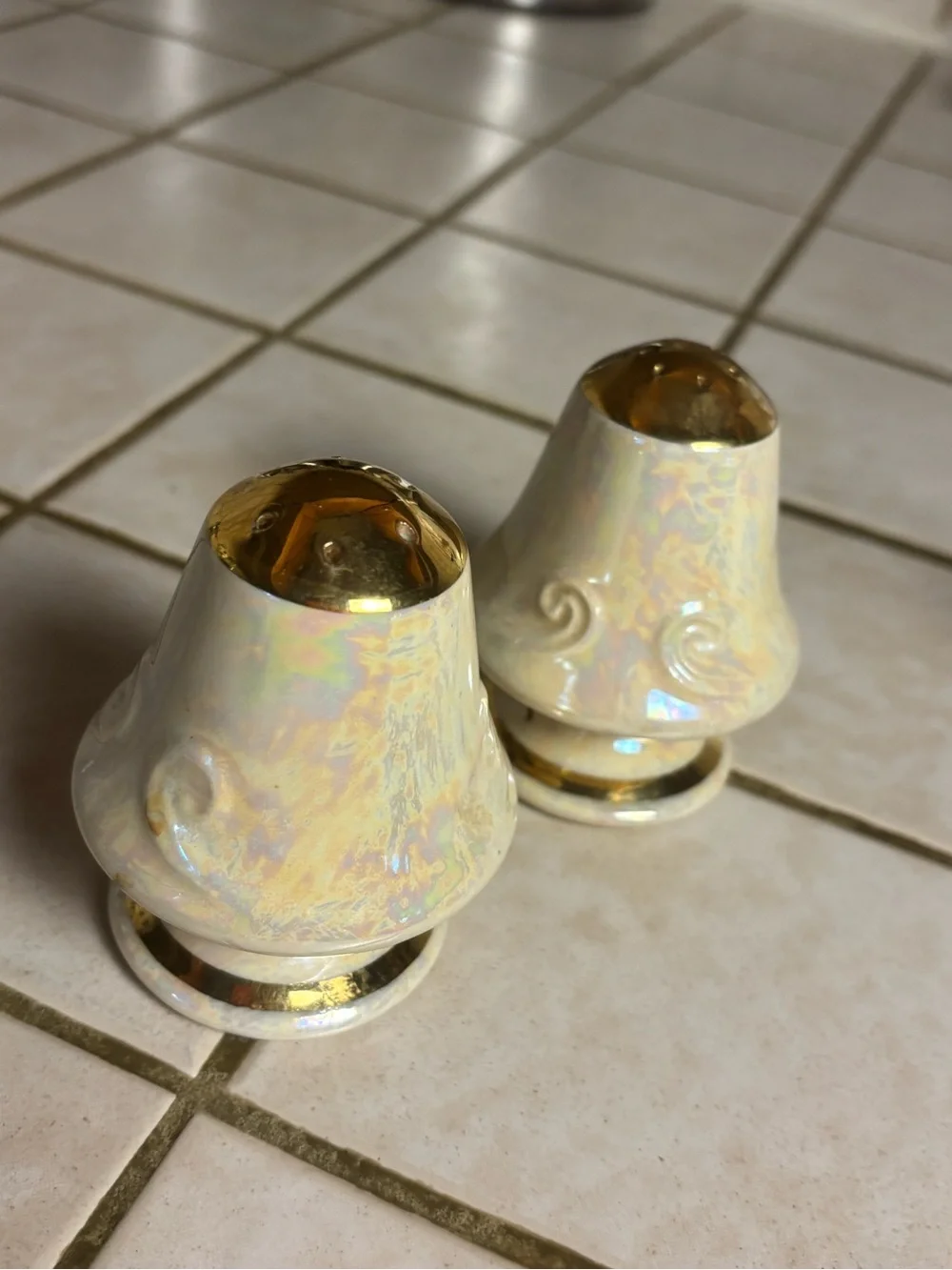 Vintage 1950s Lustreware Mushroom Salt & Pepper Shakers Gold Trim Ceramic Pair